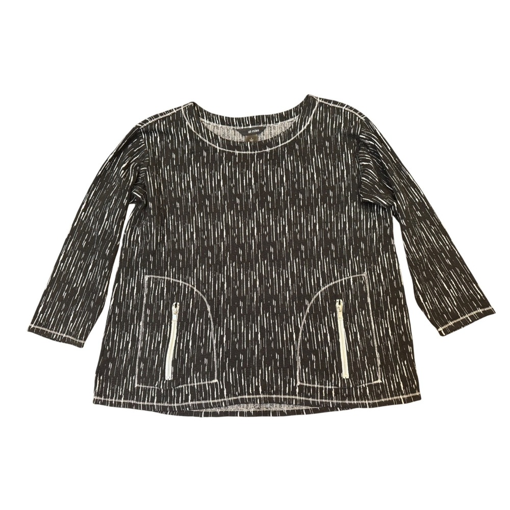 Ali Miles Womens Black White Textured Knit 3/4 Sleeve Zip Top Size Large‎